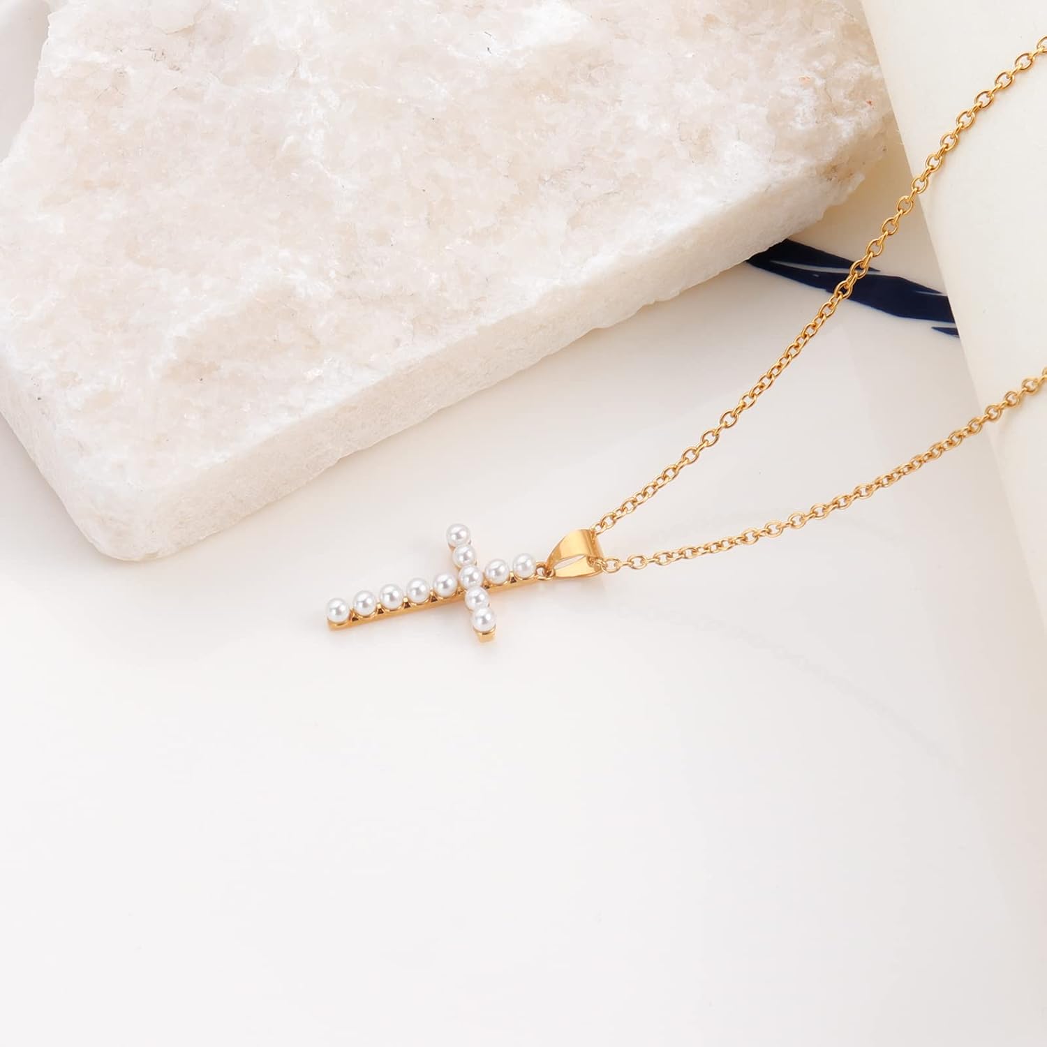 Pearl Cross Necklace For Women Girls Trendy, Cute Cross Pendant Jewelry Gifts For Teen Girls, Dainty 18K Gold Plated Pearl Cross Necklace