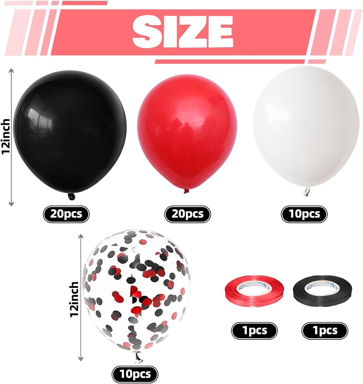 Globos de confeti negro y rojo, 60 paquetes de globos de fiesta negros y rojos de 12 pulgadas con cintas para hombres y mujeres, cumpleaños, bodas,