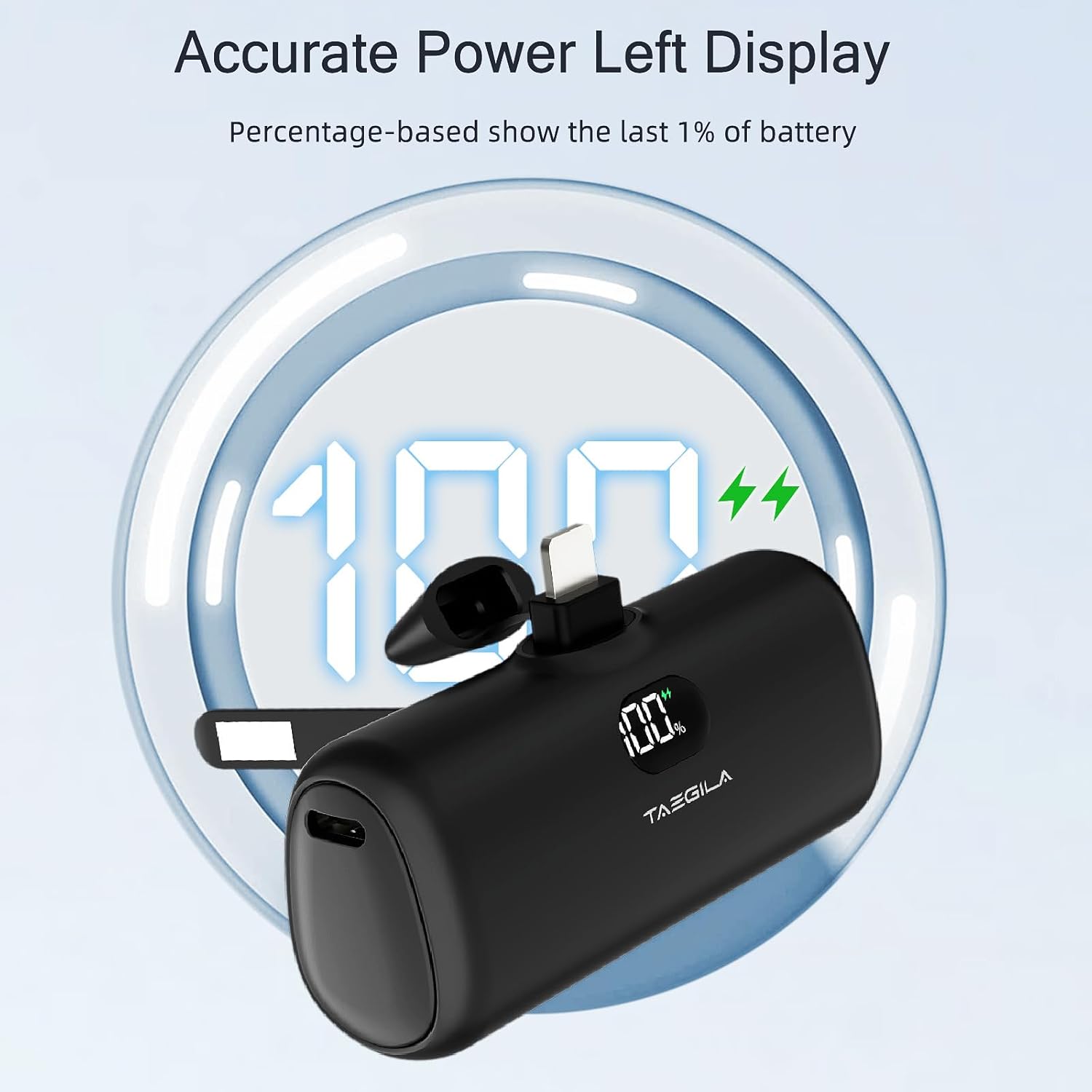 Taegila Cargador portátil pequeño para iPhone de 5000 mAh con cable integrado y soporte de metal, banco de energía compacto certificado MFi con