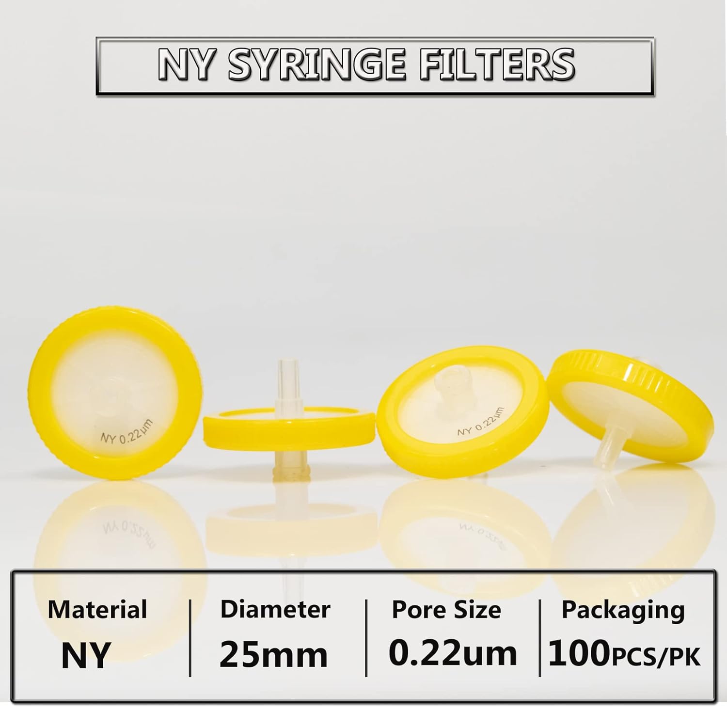 filtros de jeringa, filtración hidrofílica de nailon, 0,22 um micrón, tamaño de poro, 0.984 in, diámetro de membrana, disco de membrana de nailon de