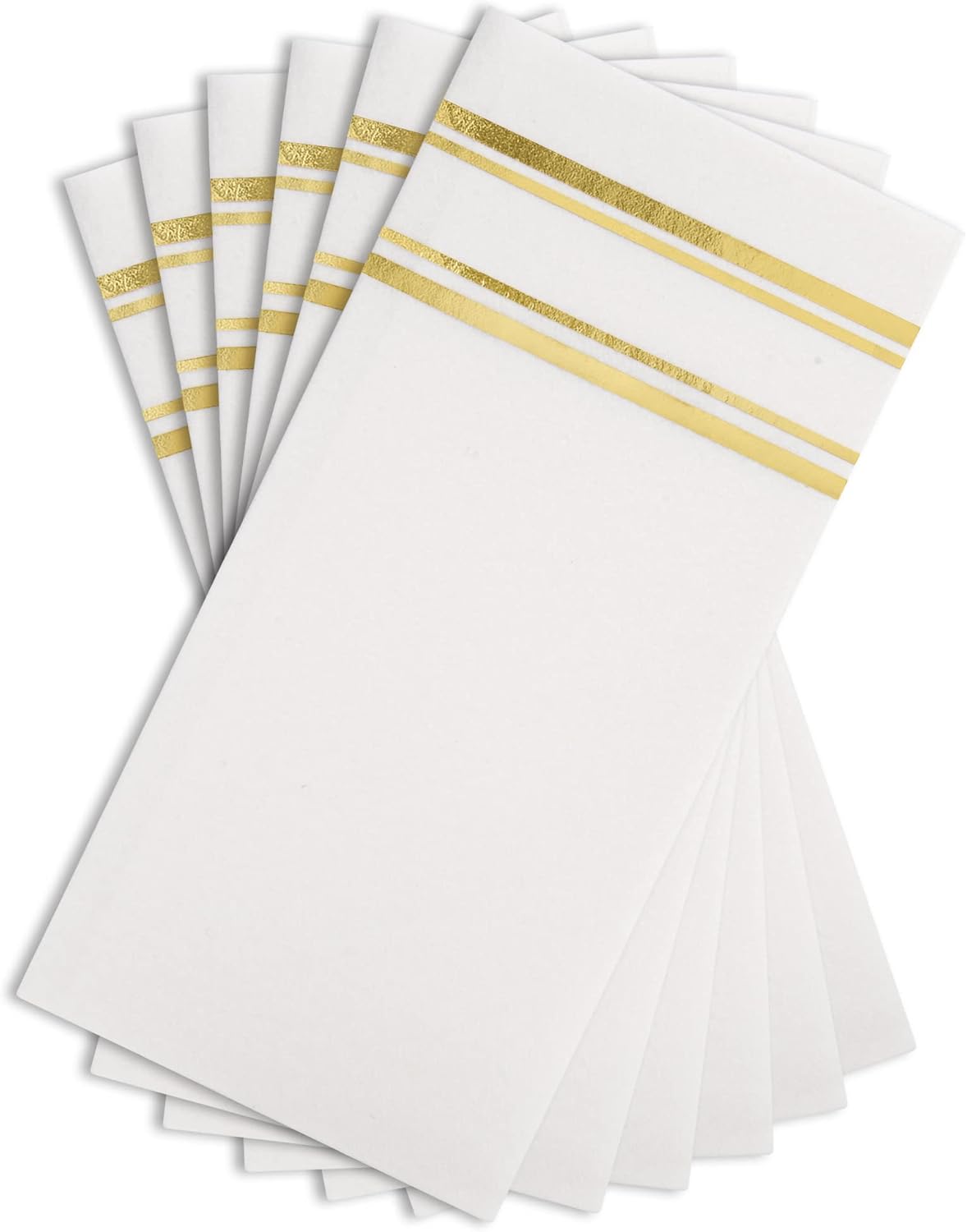 Servilletas de cena de oro brillante sobre blanco, se siente como lino, papel suave y esponjoso (desechable), paquete de 50, 8.5 x 4 pulgadas.