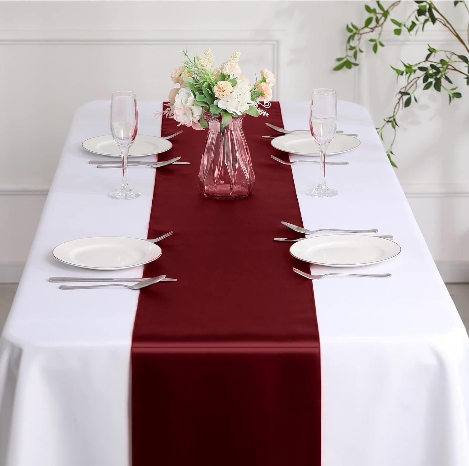 24 caminos de mesa color granate satinado  12 x 108 pulgadas de largo, camino de mesa para fiesta, decoración brillante y suave, decoración de boda,