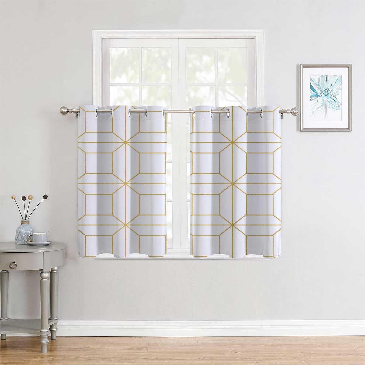 Cortinas De Cocina Modernas – Cubierta térmica para puerta con textura dorada, geometría a cuadros, oscurecimiento de habitación, 63 pulgadas de
