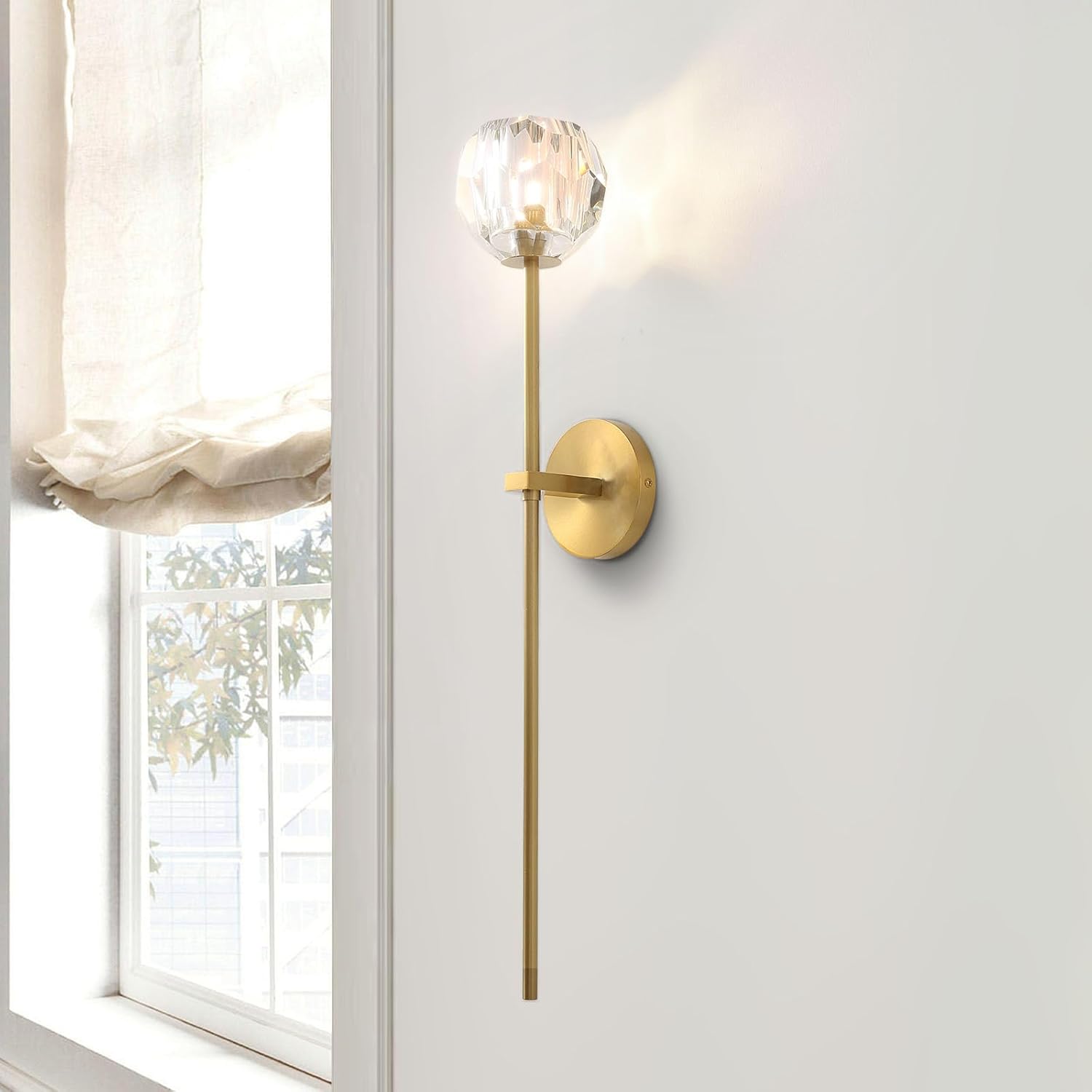 CROSSIO Modern Crystal Wall Sconce Long Strip Brass Wall Mounted Light for Living Room Bedroom Hallway