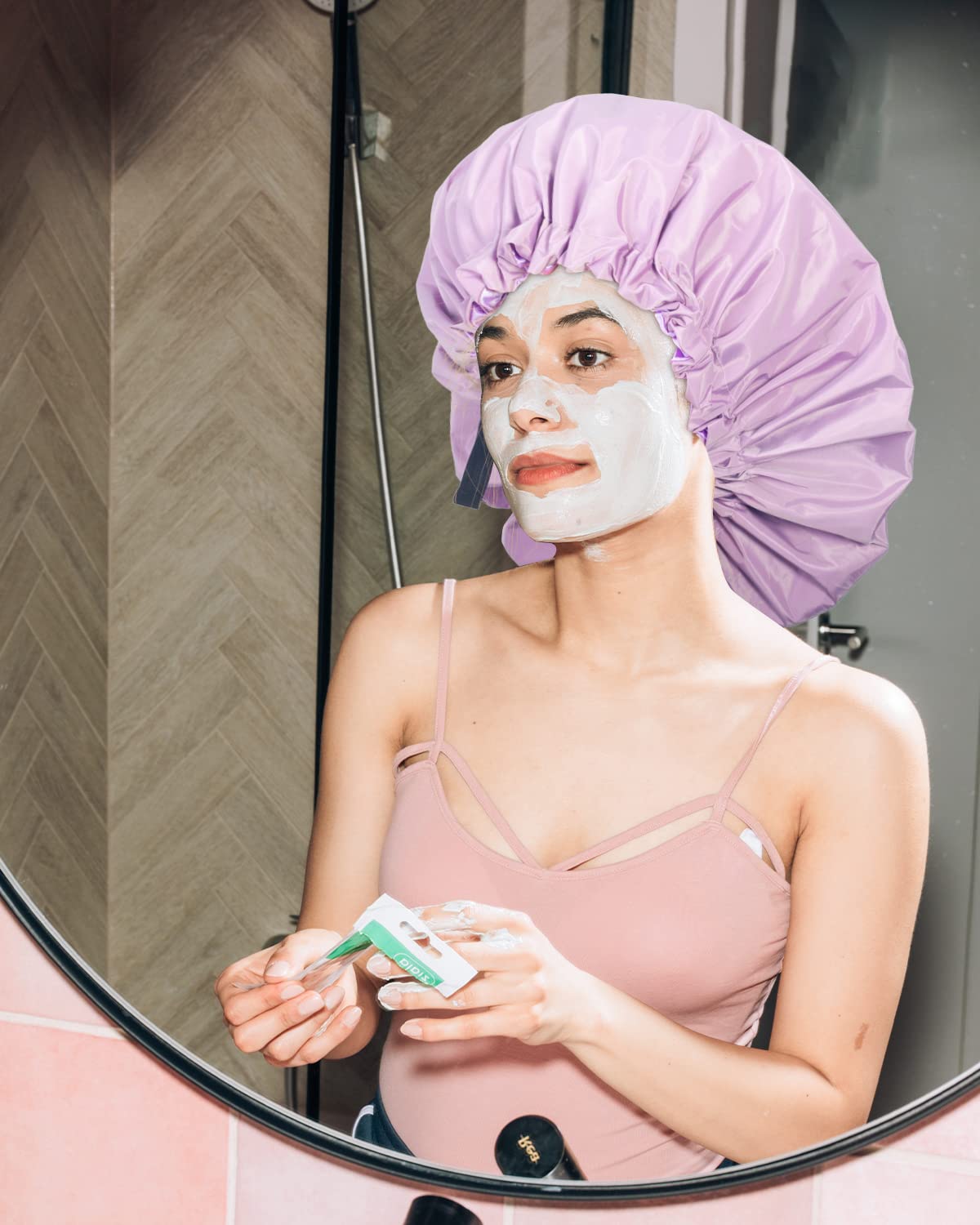 Aquior Gorro de ducha extra ajustable para mujer, de doble capa, impermeable, reutilizable, tamaño grande, para todo tipo de cabello, para niñas,