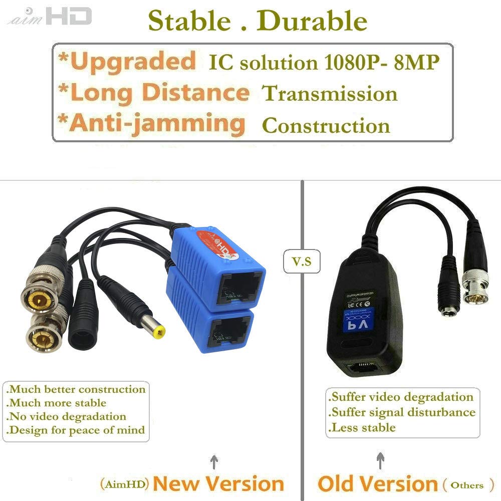 2 pares de balunes de video pasivos BNC a RJ45 con alimentación para 1080P – 8MP Actualización CCTV Cámara de vigilancia de seguridad para el hogar