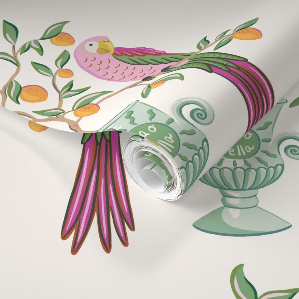 Spoonflower Muestro de papel tapiz extraíble  Pájaros botánicos Loro tropical Cítricos Floral Caprichoso vid Hojas Naranja Limón Italiano Papel