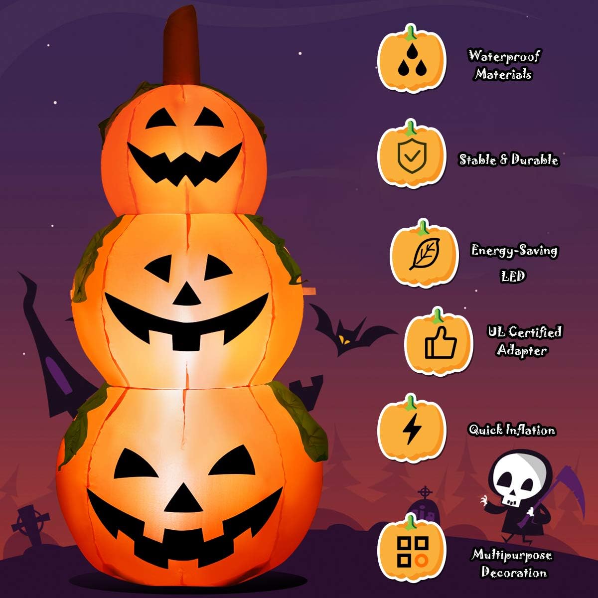 Tangkula Farol inflable de calabaza de 5.2 pies para Halloween, con bombillas LED internas, tela de poliéster 190T y ventilador impermeable,