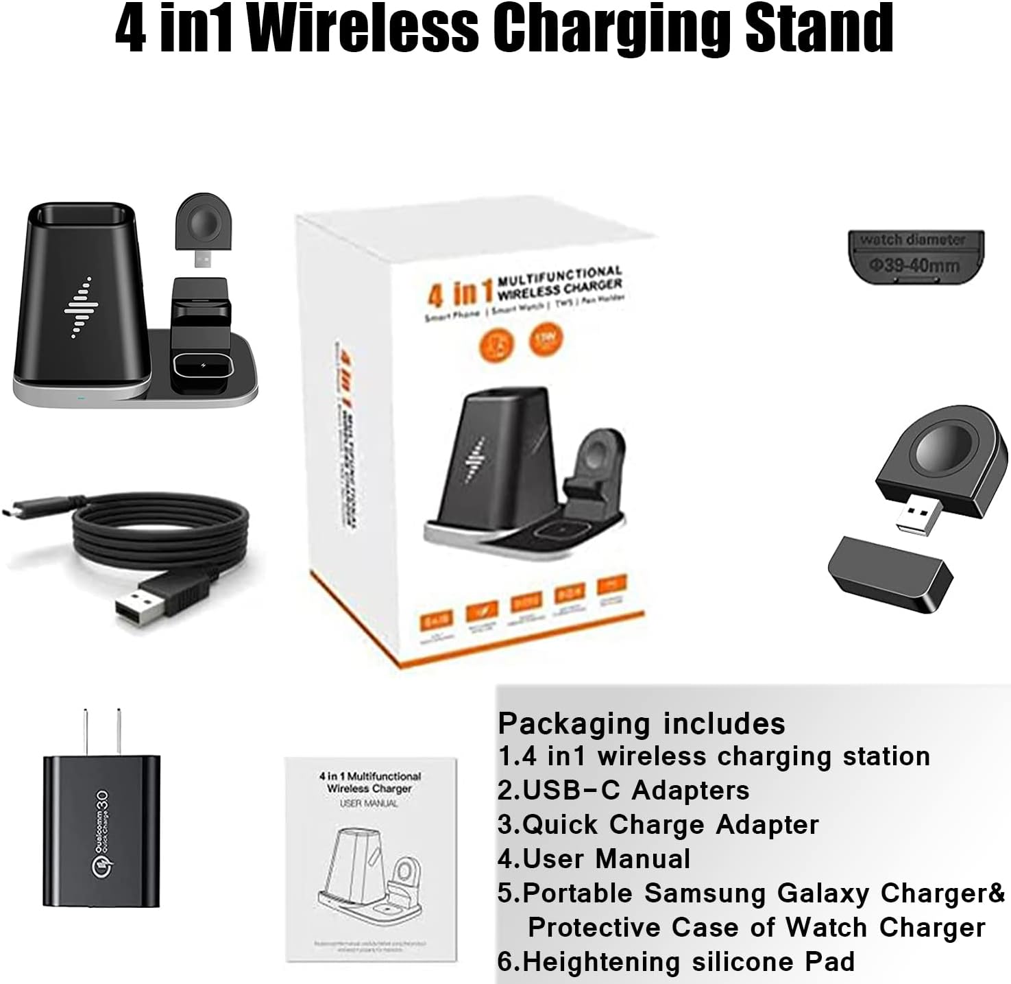 TOP SKY Estación de carga inalámbrica 4 en 1 con organizador de escritorio, cargador inalámbrico Qi compatible con iPhone 131211, iWatch 2 3 4 5 6