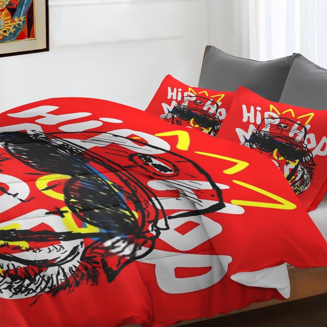 Juego de edredón tamaño Queen, juego de ropa de cama suave de béisbol con música King para niños y adultos, juego de edredón de rap con corona de
