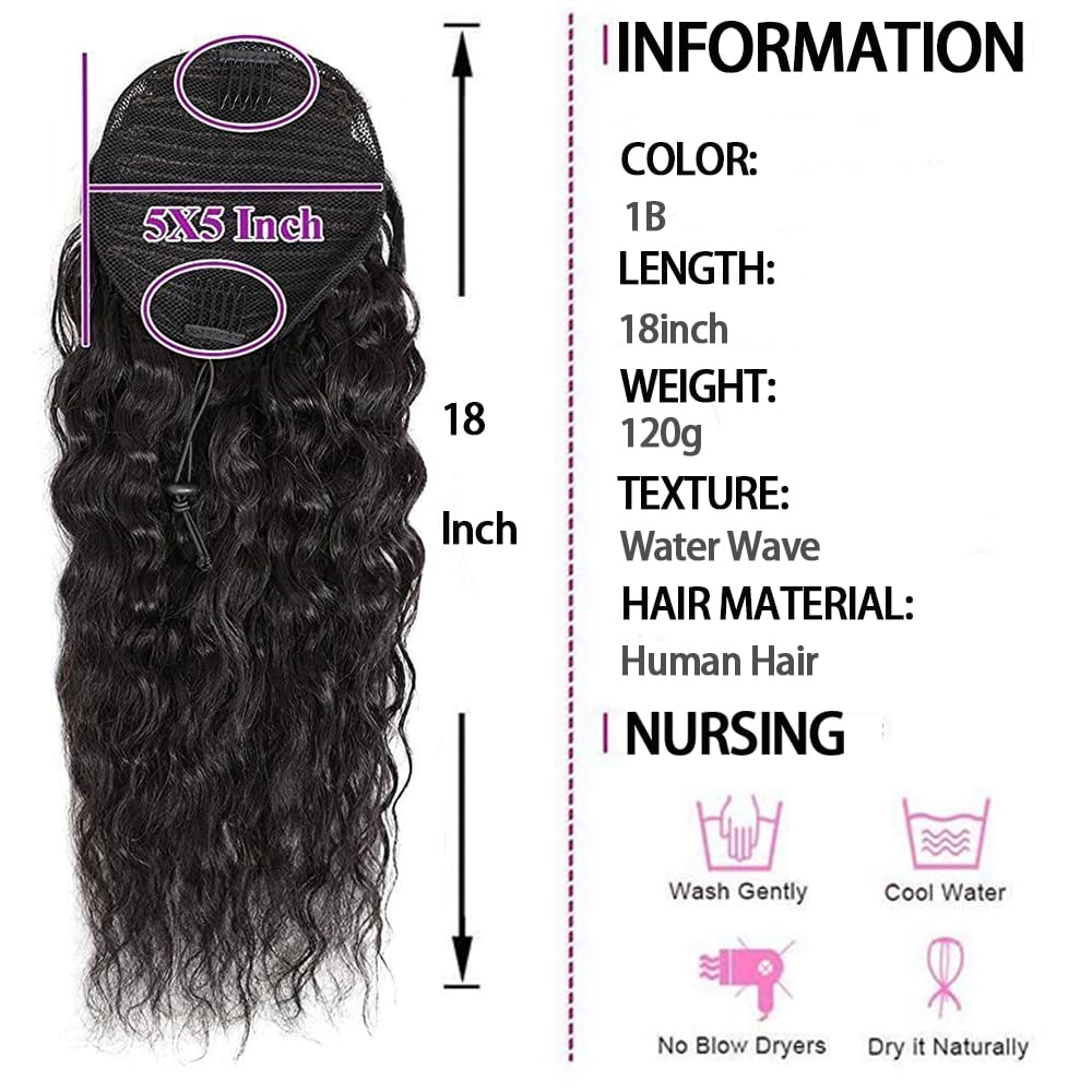 Extensión de cabello humano con cordón de 16 pulgadas, color negro natural para mujer, extensiones de cola de caballo con clip, extensiones de cola