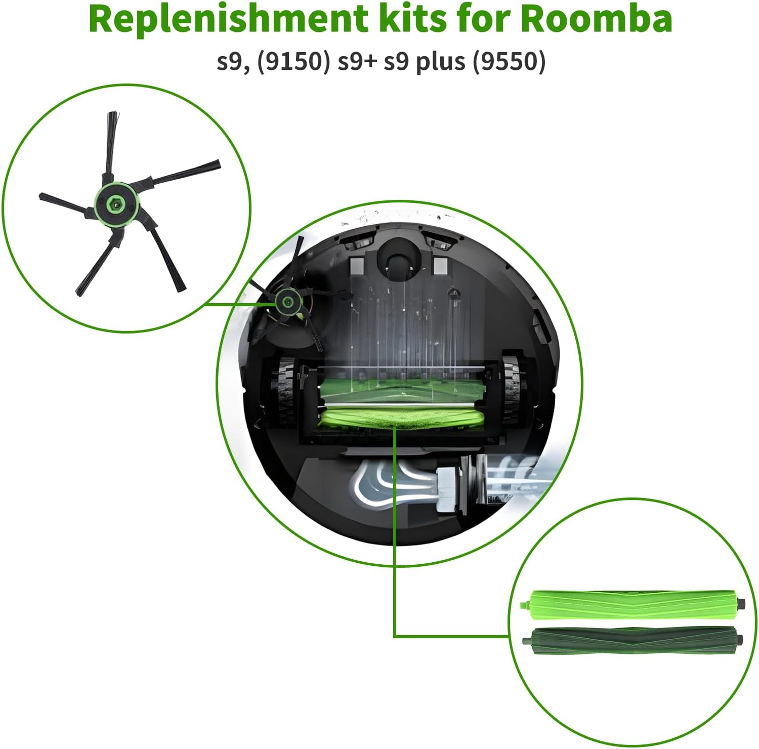 Juego de cepillos de repuesto para iRobot Roomba S9 (9150) s9+ s9 Plus (9550) s Series AI Robot Vacuum Kits (3 cepillos de goma, 8 cepillos
