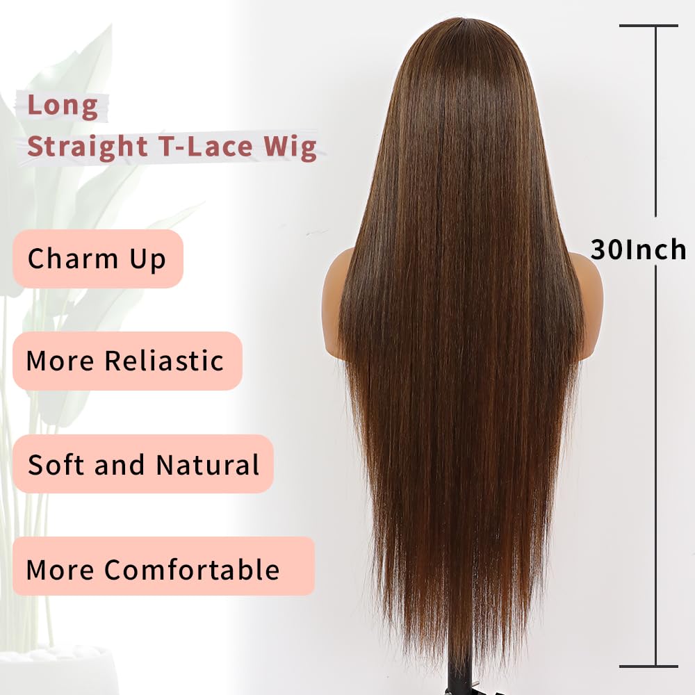 Pelucas de encaje frontal sintético lacio marrón, sin pegamento, línea de cabello natural, con reflejos marrones, pelucas de encaje sintético marrón