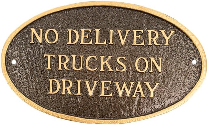 Placa ovalada con texto en inglés “No Delivery Trucks on Driveway” – Placa de visualización de pared o césped – Señal de advertencia comercial –