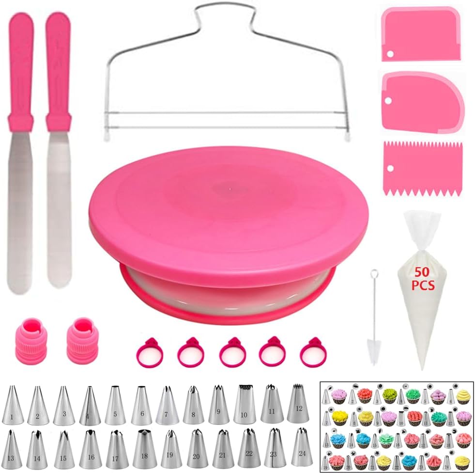 Kit de decoración de pasteles de 90 piezas con tocadiscos para pasteles, nivelador de pasteles, 24 puntas de glaseado numeradas, 2 espátulas, 3