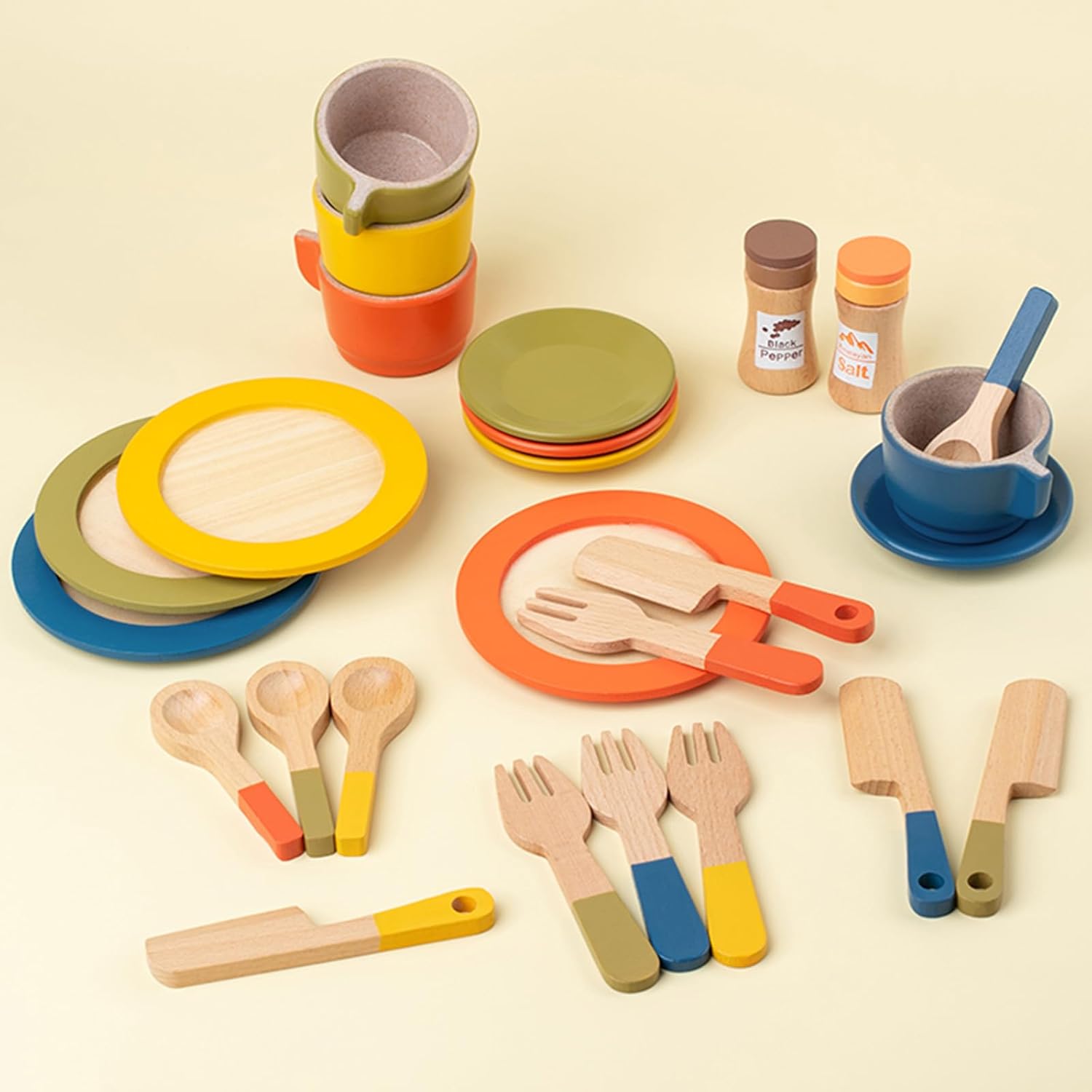 GAGAKU Juego de platos de madera para niños, platos de juego para la cocina de los niños, juego de platos de madera para niños pequeños, accesorios