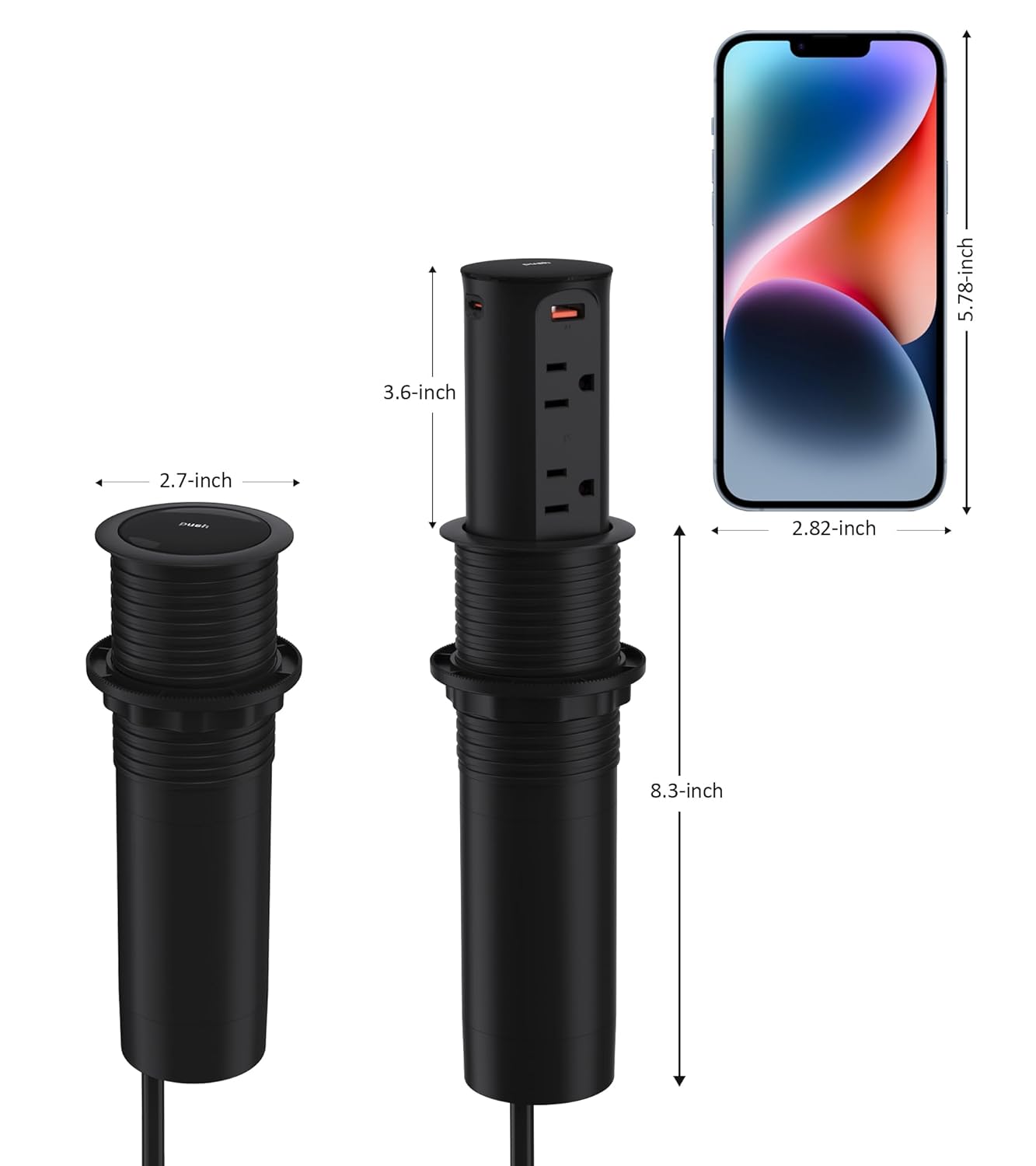 Toma de corriente desplegable para encimera con USB C, ojal de alimentación de escritorio de orificio de 2.5 pulgadas, 4 salidas, 4 puertos USB,