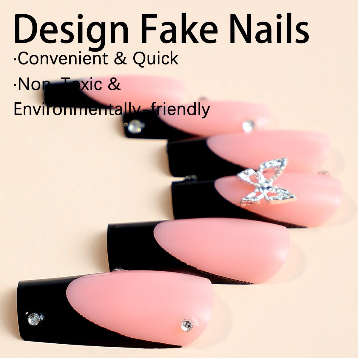 Uñas postizas a presión con punta francesa, largas y cuadradas, con dijes de mariposa y diamantes de imitación, cobertura completa, uñas adhesivas
