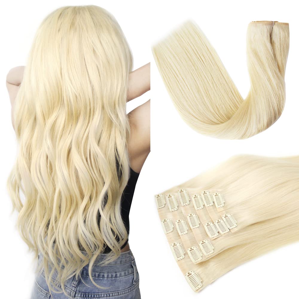 Extensiones de cabello real con broches, con clips de poliuretano, extensiones de cabello sin costuras, color rubio platino, #60, 16 pulgadas, 4.33