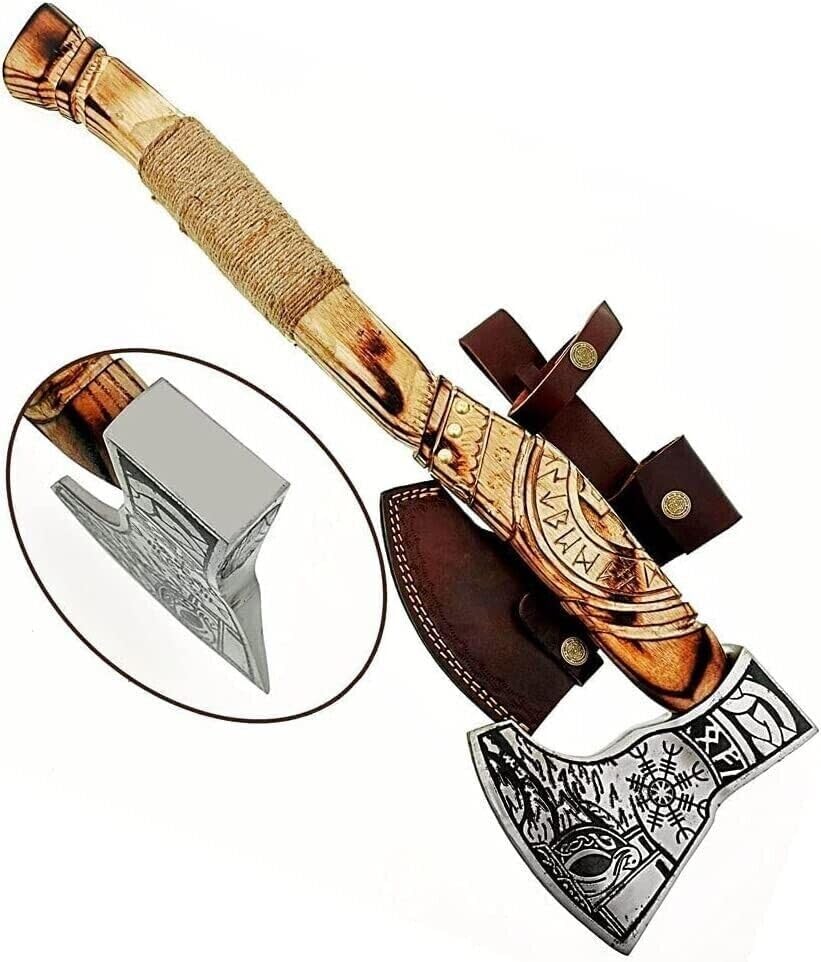 Hacha de caza con hacha de mano personalizada para exteriores, hacha vikinga, mango de madera, hacha Tomahawk con funda de cuero, regalo para