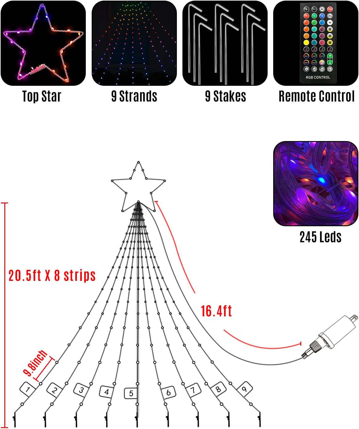 Guirnalda de luces de estrellas para decoración de Navidad al aire libre de 21 pies, luces LED RGB inteligentes para árbol, cascada, escenas
