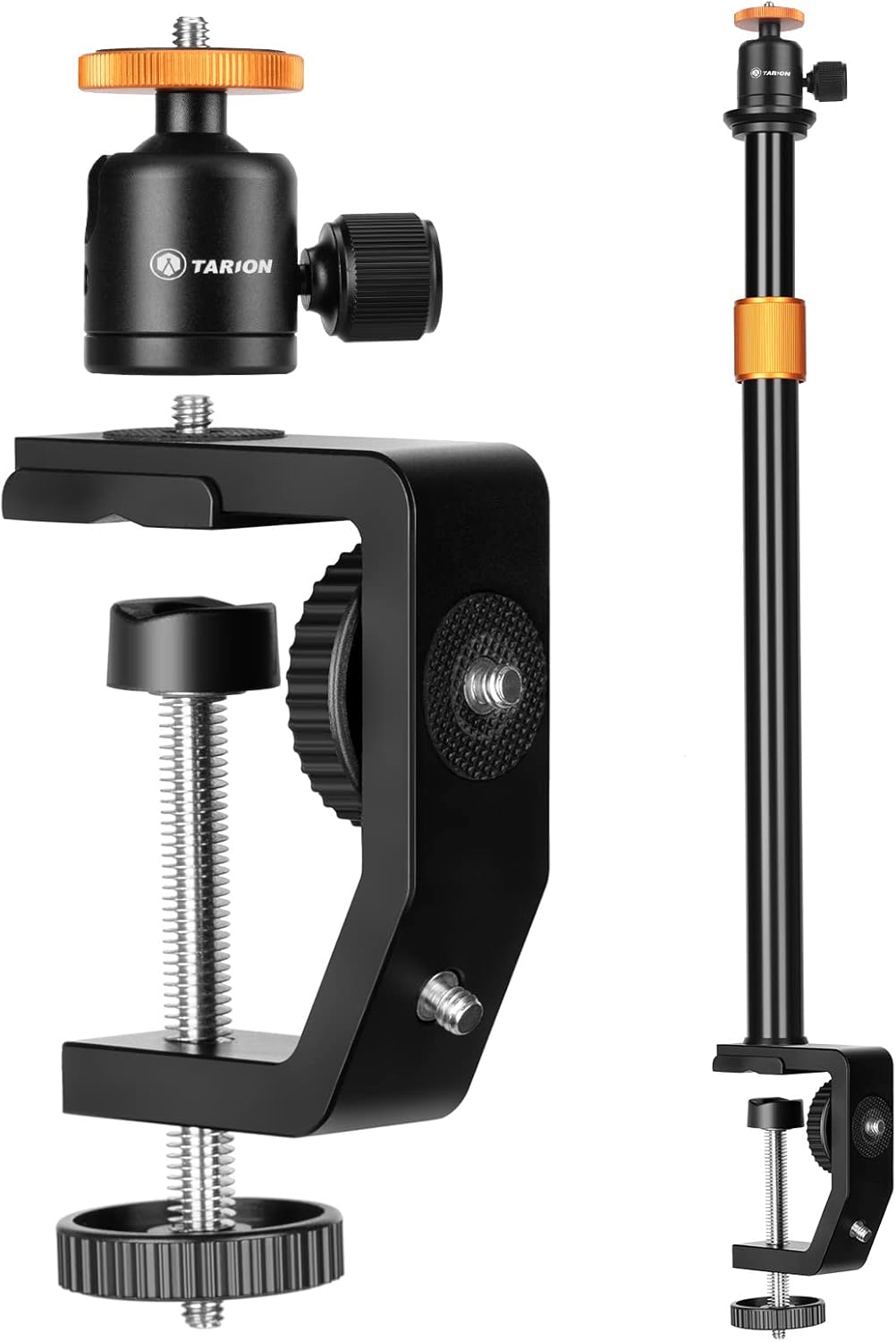 TARION Soporte de abrazadera C para cámara, soporte de escritorio con tornillo estándar de 14, cabeza de bola y varilla de extensión ajustable de