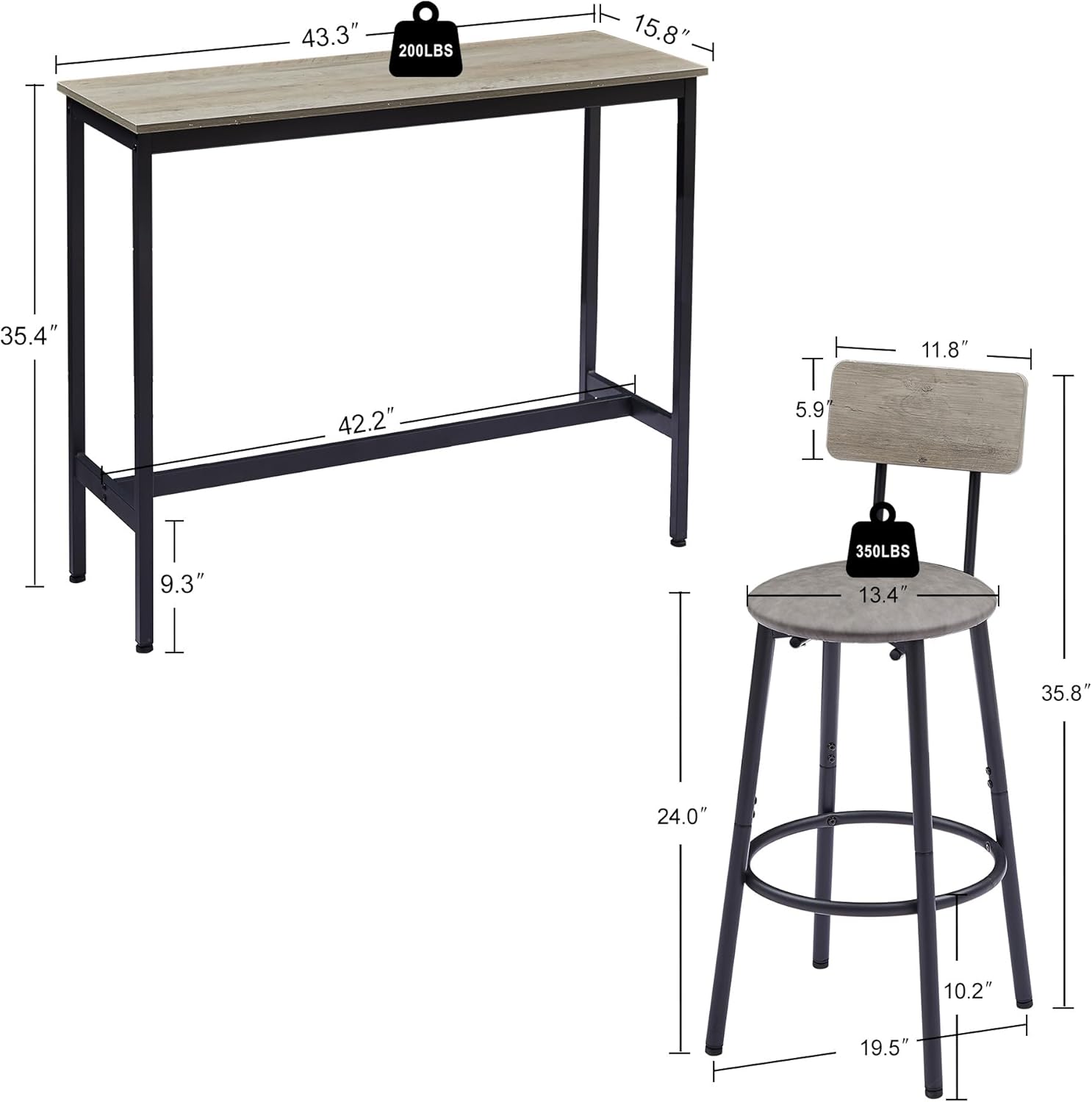 Juego con 2 taburetes de bar PU asiento suave con respaldo y reposapiés, sala de estar, comedor y espacios pequeños, fácil de montar, gris, mesa y