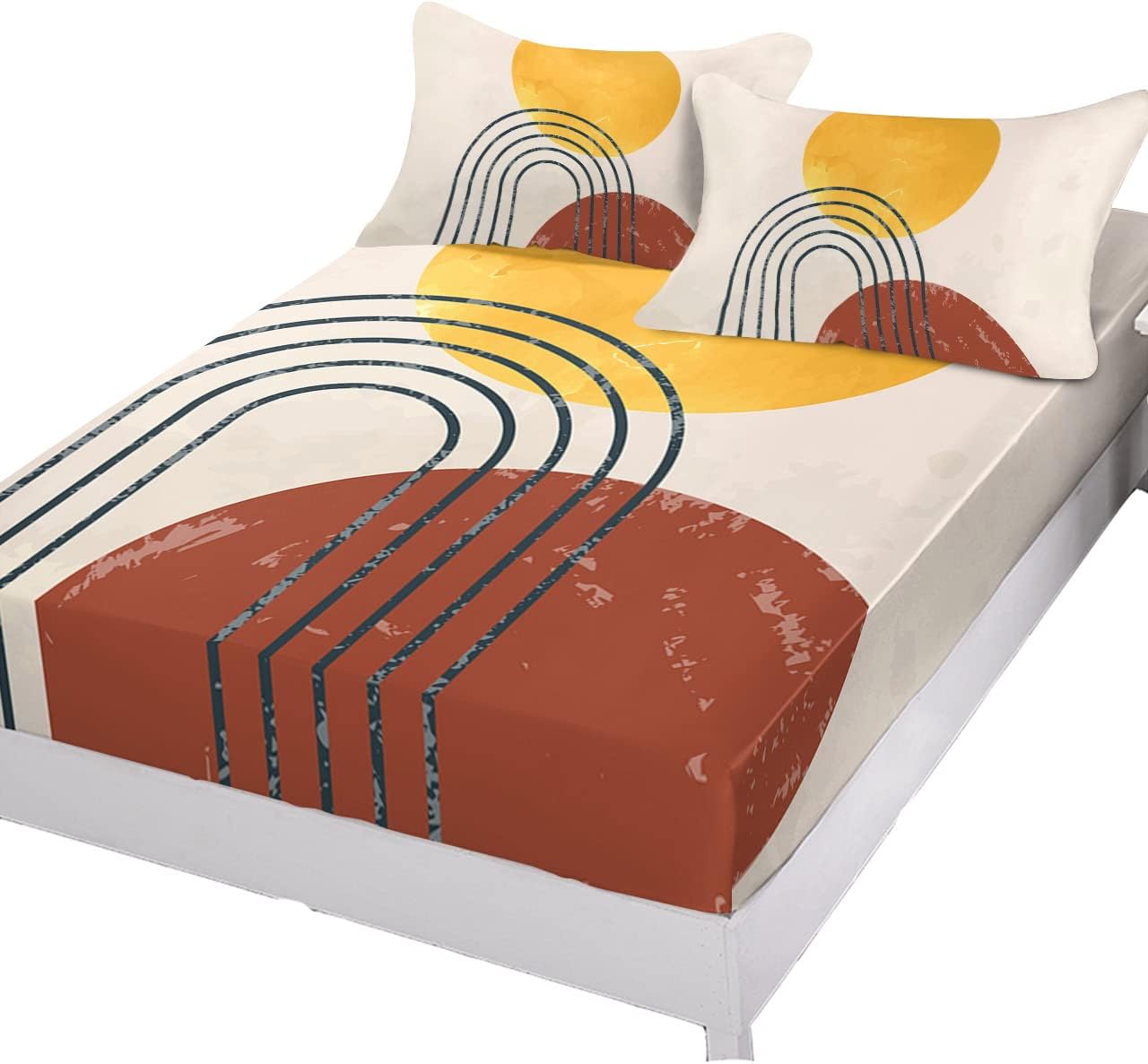 Juego de sábanas bajeras para cama de tamaño Queen, sábanas de mediados de siglo, 3 piezas, color terracota, con líneas curvas, arco solar, bolsillo