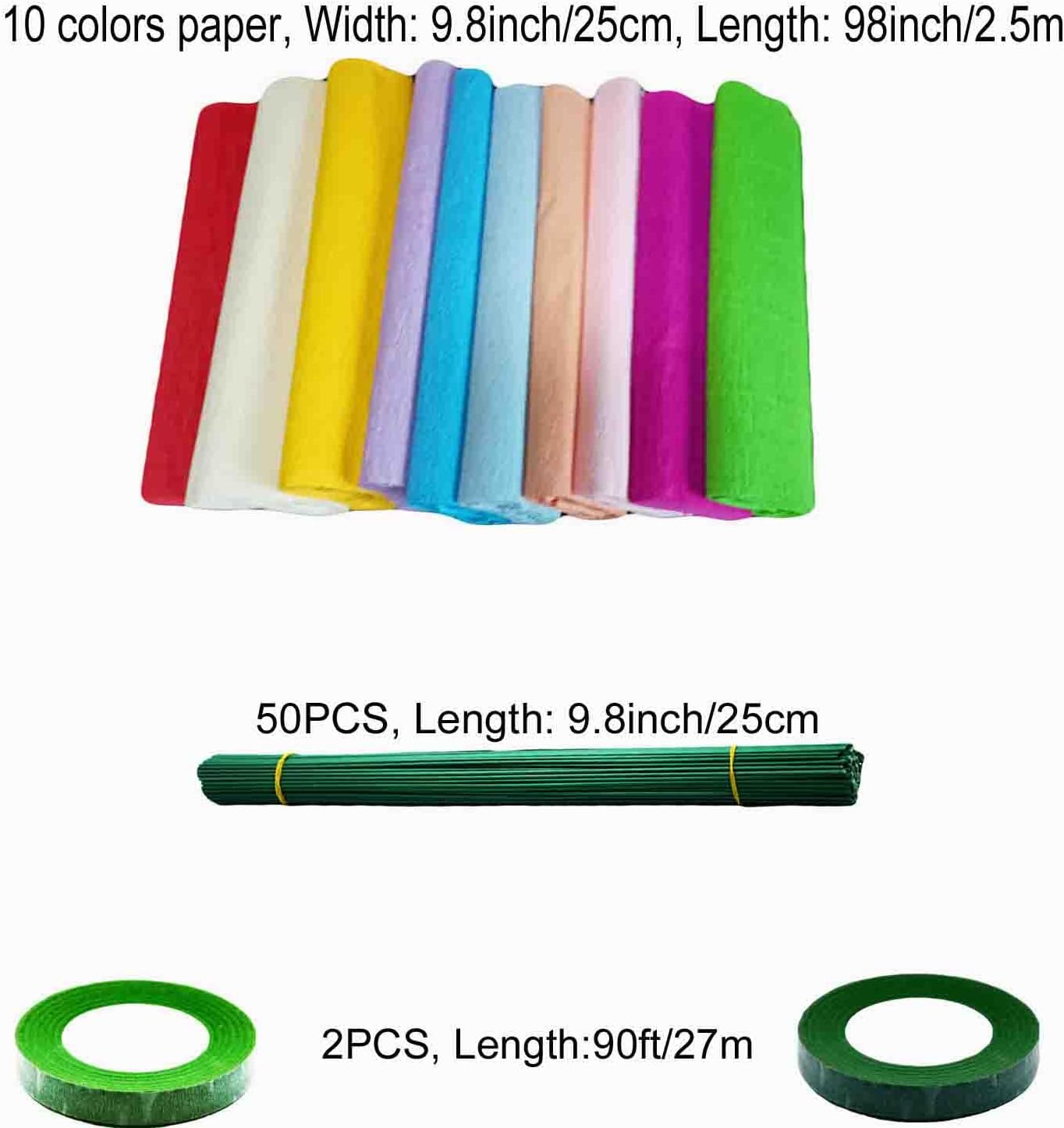 KYMY Papel crepé, rollos de papel crepé, kits de bricolaje de flores con cables de hierro y cinta, serpentina de papel crepé para cumpleaños, bodas,