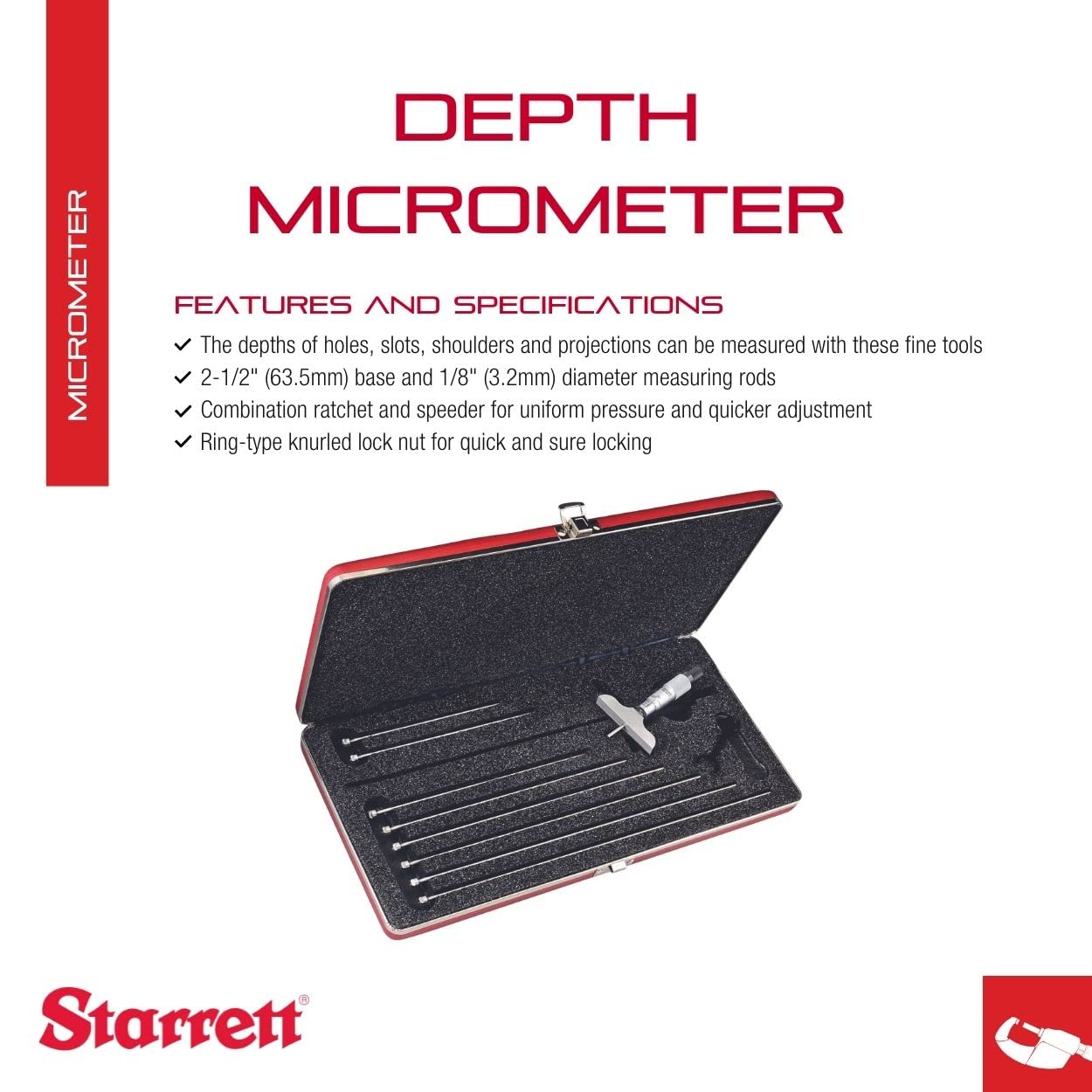 Starrett Medidor de profundidad micrómetro con tuerca de bloqueo moleteada tipo anillo, trinquete combinado y acelerador – Ajuste rápido y fácil,
