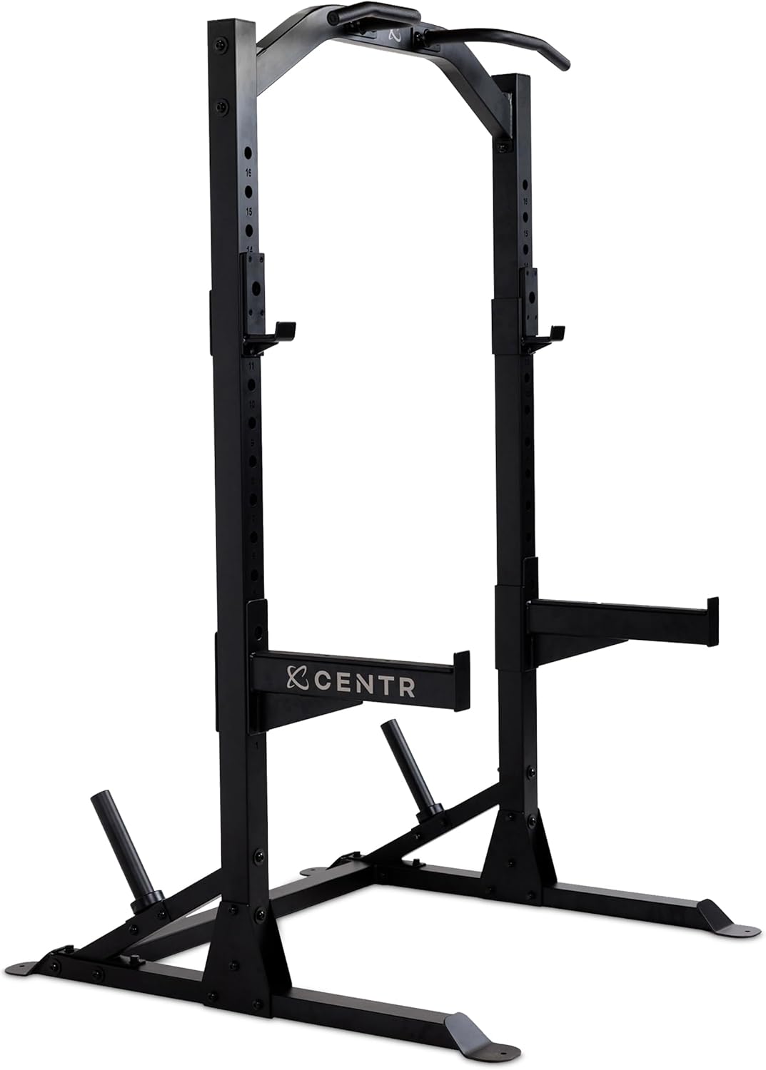 Centr Half Rack – Estante de acero de calibre 7 con ganchos en J, barra de dominadas y almacenamiento de peso, media rejilla para gimnasio en casa o