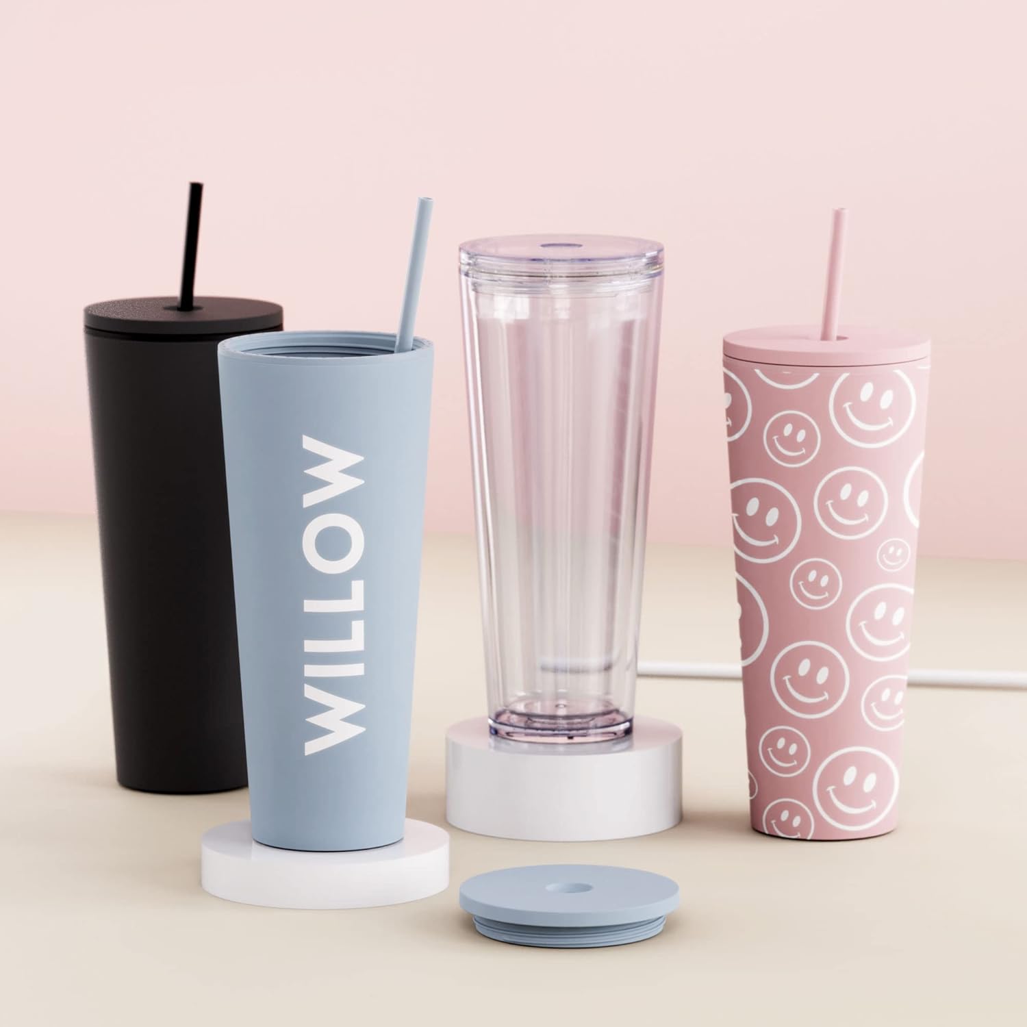 Maars – Vaso térmico clásico de acrílico con tapa y pajilla, reutilizable, de plástico, doble pared y alta calidad de 24 onzas, negro mate, paquete