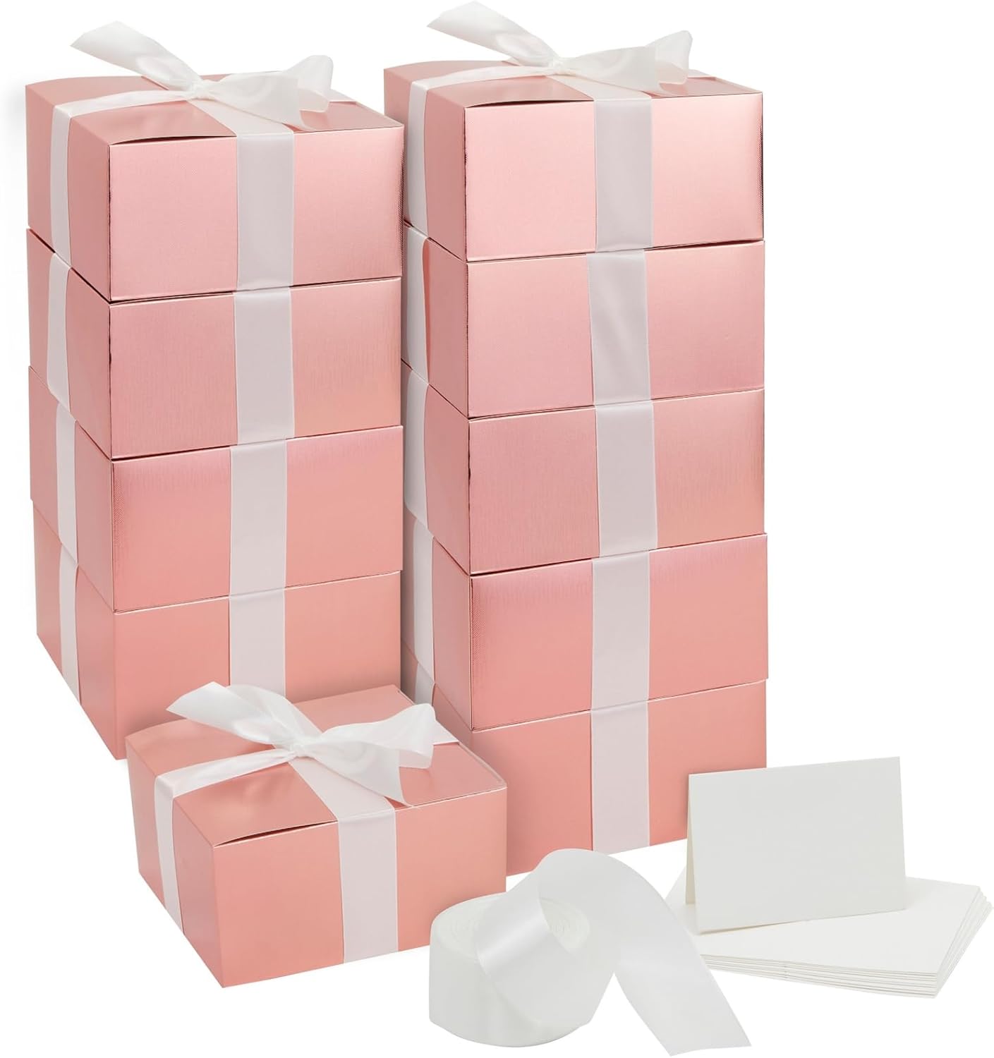 Stockroom Plus Paquete de 10 cajas de regalo de oro rosa con tapas, cinta y tarjetas de felicitación blancas en blanco para regalos, recuerdos (8 x