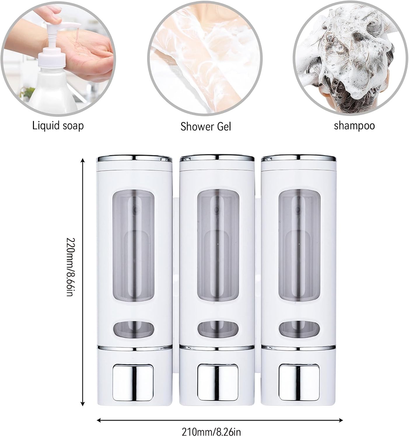 3 dispensadores de jabón de champú para ducha montados en la pared, 13.5 fl oz x 3 dispensadores de champú sin taladro, dispensador de bomba de