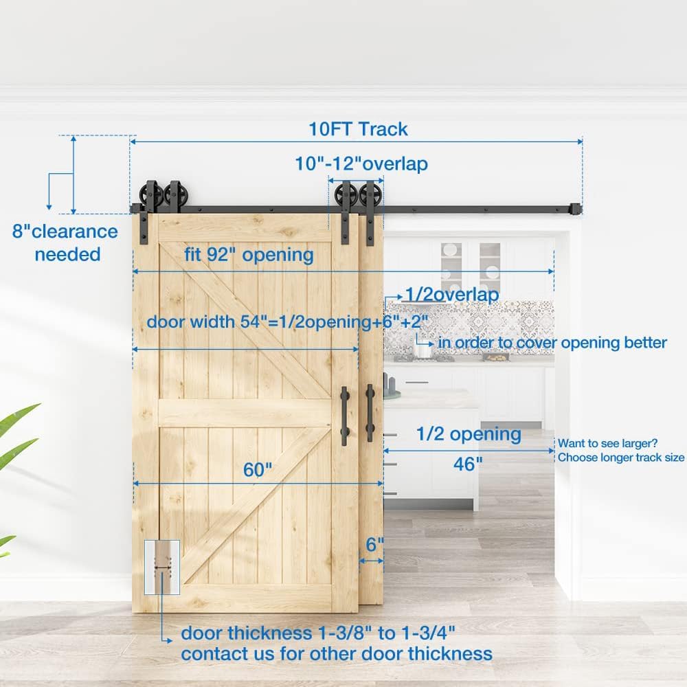 WINSOON Kit de herrajes para puerta corrediza de granero de 5 pies a 10 pies, pista única de 10 pies para puertas dobles, rueda de radios grande,