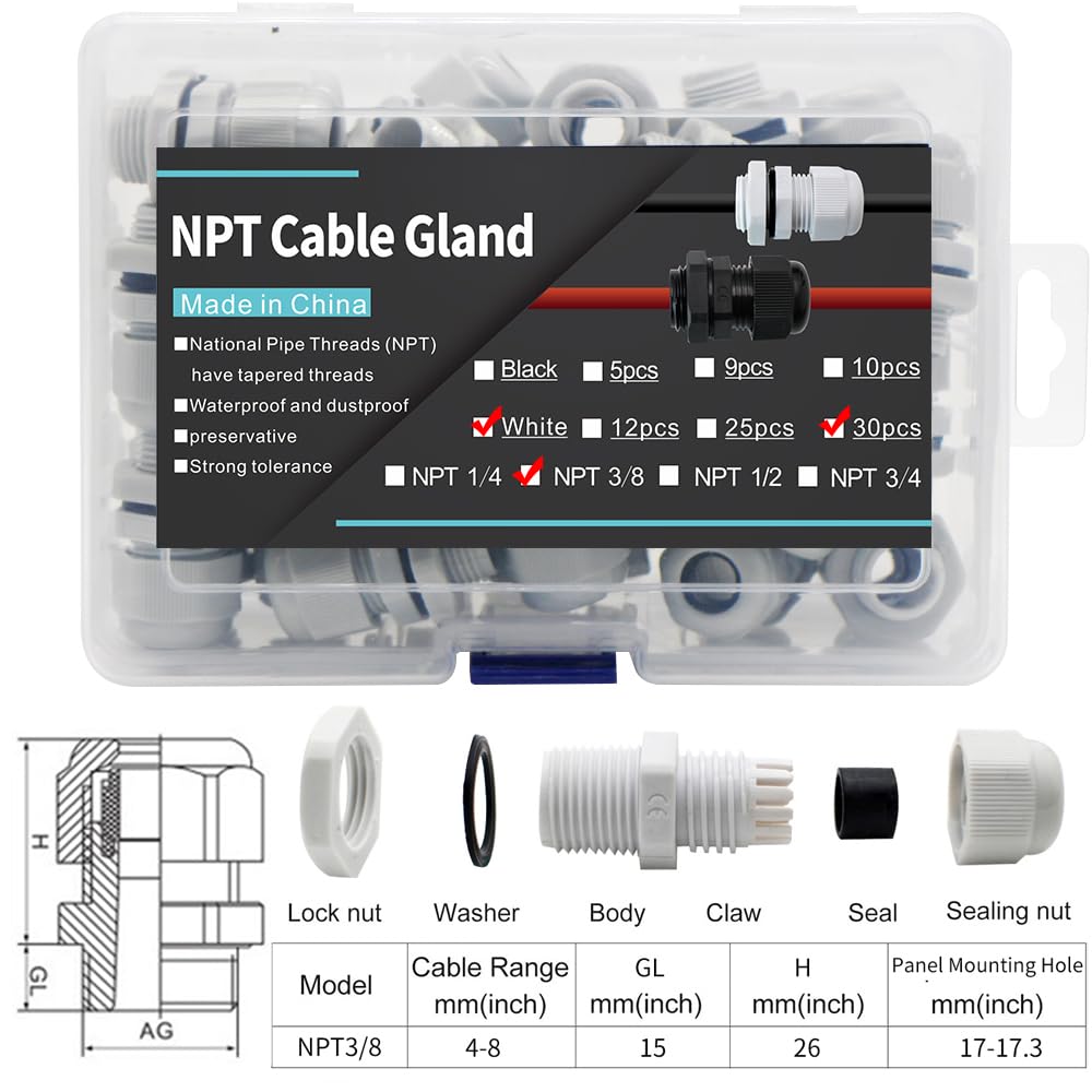 Accesorios de prensaestopas de cable impermeables NPT de 38 pulgadas – Plástico de nailon PA66, contratuerca ajustable impermeable IP68 para