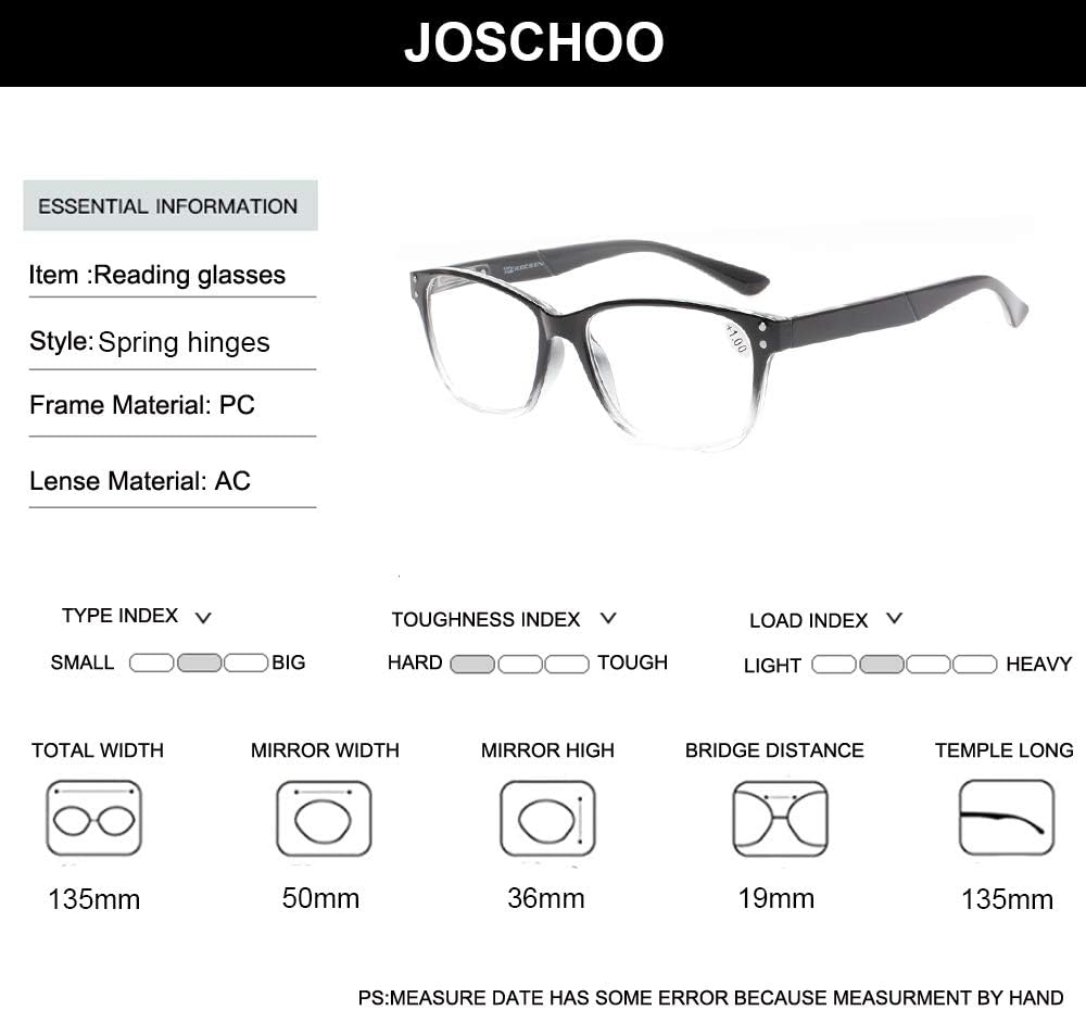 JOSCHOO Gafas de lectura, paquete de 5 lentes de calidad para lectores de calidad, bisagra de resorte, color negro, de diseñador moderno para