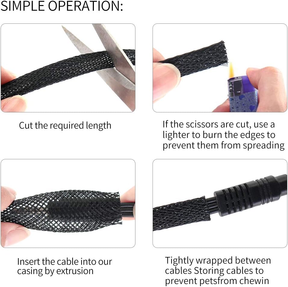 Protector de cable expandible de PET negro y azul para cable de carga USB, cable de alimentación, cable de audio y video, puede proteger al perro