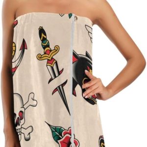 Toalla envolvente para mujer, diseño de tatuaje de la vieja escuela, con cierre ajustable, toalla de secado de pelo, altamente absorbente, suave, Toalla envolvente para mujer, diseño de tatuaje de la vieja escuela, con cierre ajustable, toalla de secado de pelo, altamente absorbente, suave,