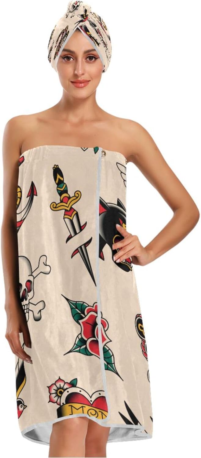 Toalla envolvente para mujer, diseño de tatuaje de la vieja escuela, con cierre ajustable, toalla de secado de pelo, altamente absorbente, suave,