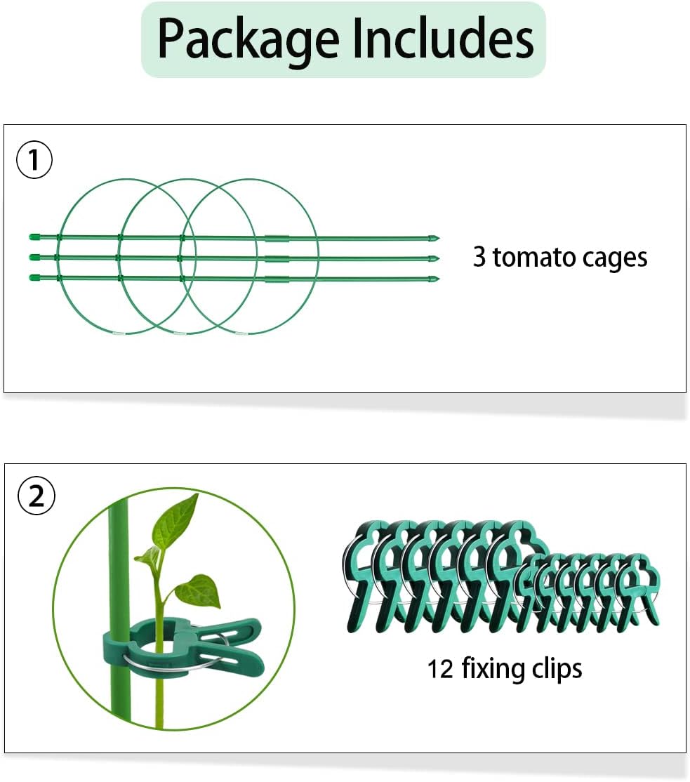 Alliico Jaulas de soporte para plantas trepadoras, jaula de tomate con estacas de soporte y anillos de soporte estables, paquete de 3 con 12 clips