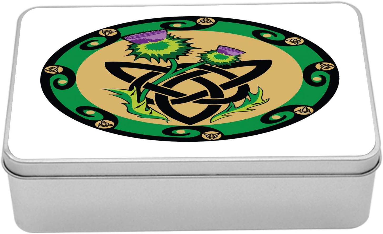 Ambesonne Thistle Metal Box, Thistle Petal and Stems with Thorns in a Circular Border of Celtic Knot, Multi-Purpose Rectangular Tin Box Container