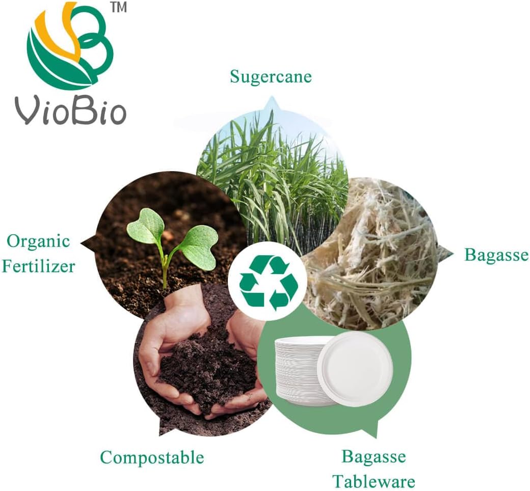 VIOBIO Platos de papel resistentes de 9 pulgadas, paquete de 125 platos de fiesta desechables compostables de bagazo blanco, ecológicos y