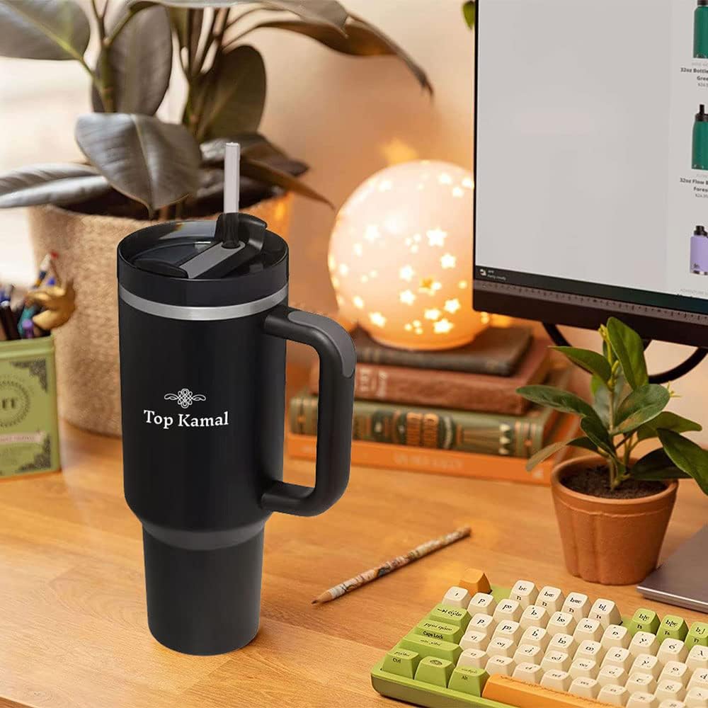 Quencher – Vaso de acero inoxidable de 40 onzas con aislamiento al vacío con tapa y popote para agua, helado, té, café y viaje, mantiene el frío