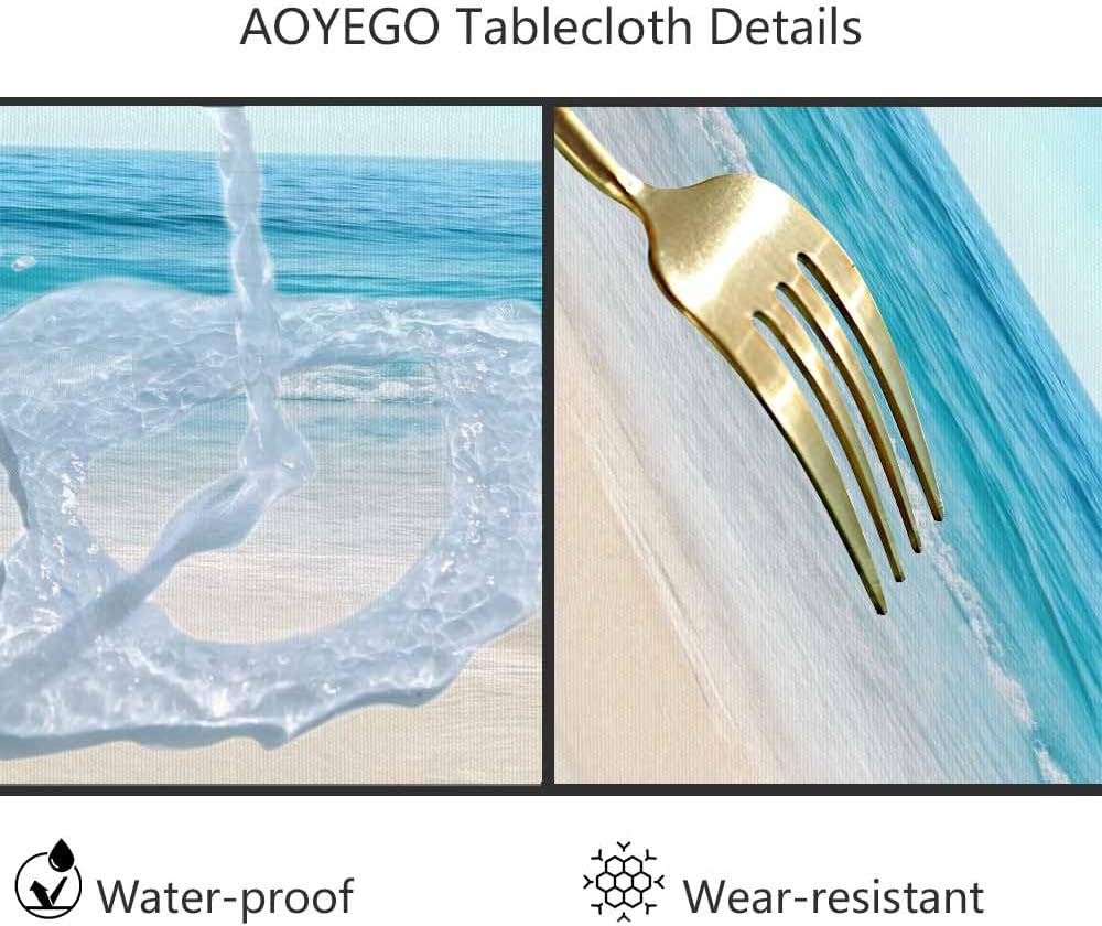 AOYEGO Mantel redondo de 60 pulgadas con diseño de concha de playa tropical oceánica, estrella de mar, cielo arena, mantel de poliéster para