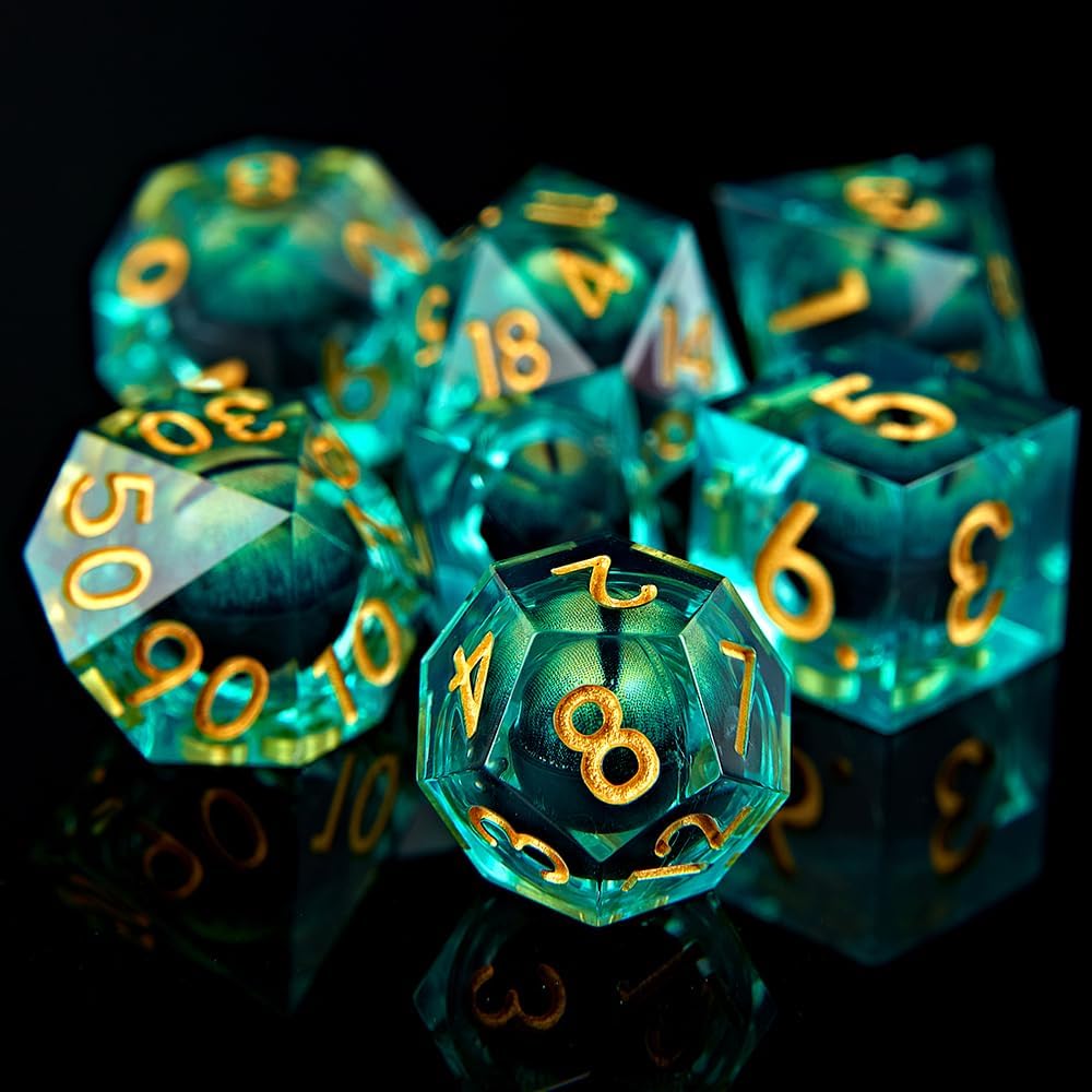 Dragon Eye – Juego de 7 dados para DND, núcleo líquido, juego de dados D&D para juegos TRPG de Calabozos y Dragones, dados giratorios de ojo de
