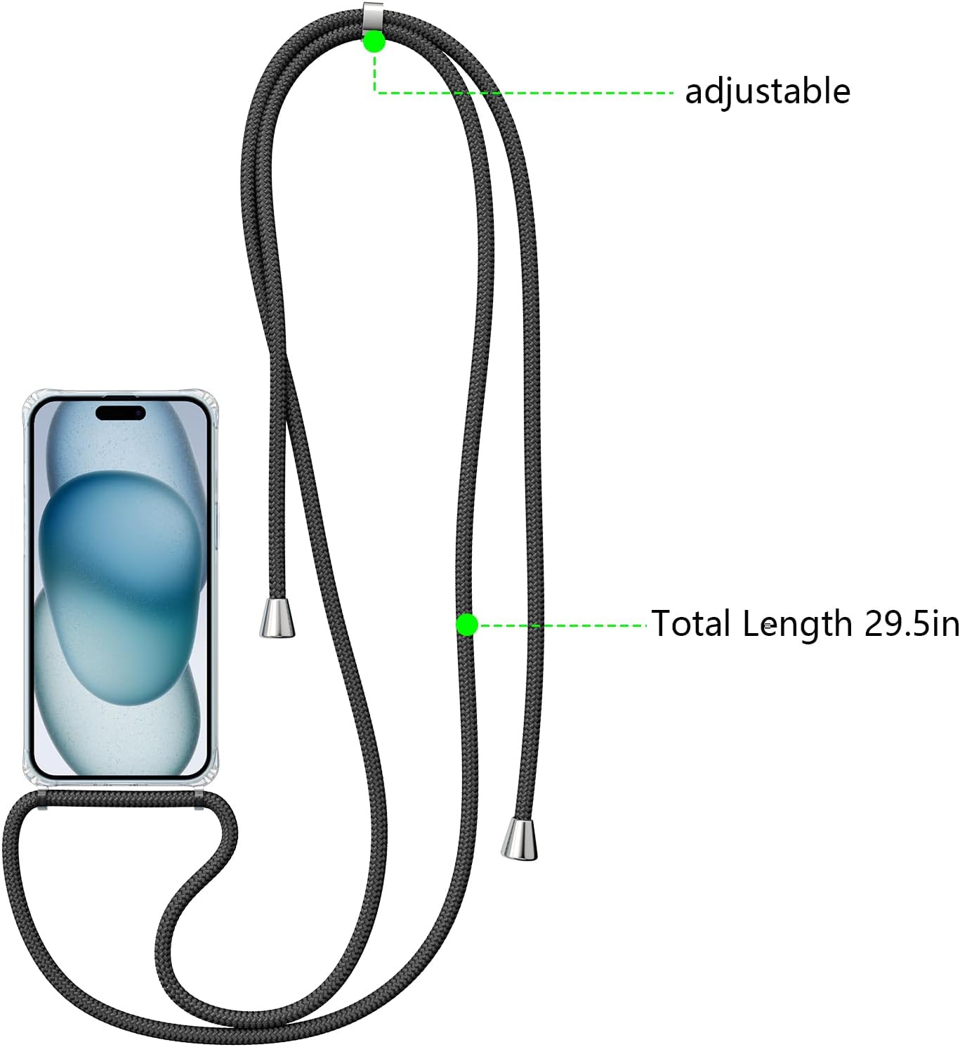 ZTOFERA Compatible con iPhone 15, funda transparente con cordón ajustable, TPU suave y delgada, a prueba de golpes, funda protectora cruzada para
