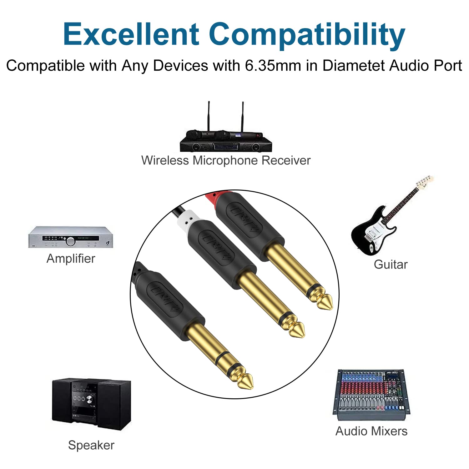 J&D Cable de inserción estéreo TRS de 14 de pulgada, audio wave chapado en oro, serie de 0.250 in 14 pulgadas TRS macho a doble 0.250 in 14 pulgadas