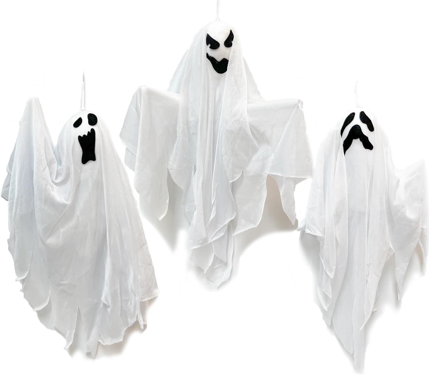 GIFTEXPRESS 3 fantasmas colgantes de Halloween de 25 pulgadas, lindos fantasmas de emoji voladores para patio delantero, patio, ley, jardín,