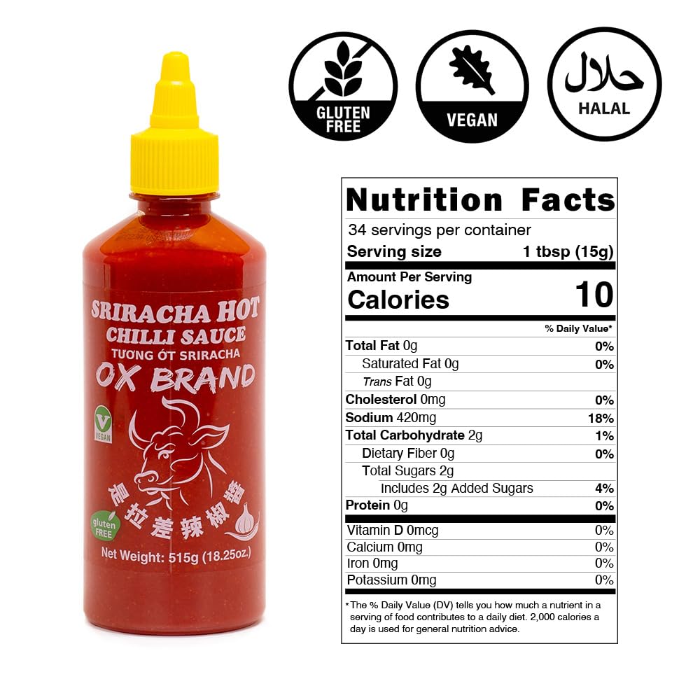 MISHIMA Salsa de chile picante Sriracha de la marca OX  Auténtico sabor tailandés  Sin gluten  Vegano  Certificado Halal  Delicia culinaria picante